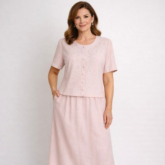 karin stevens Dresses & Skirts - Vintage Karin Stevens Pink Embroidered Tea Dress | Mother of the Bride | 14